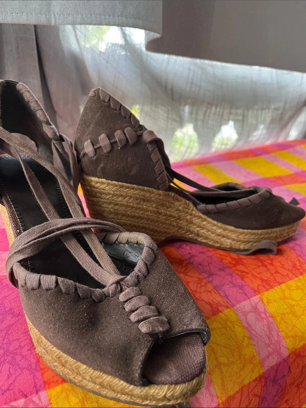 Women’s Brown Suede Espadrille Wedge Sandals with Ankle Tie